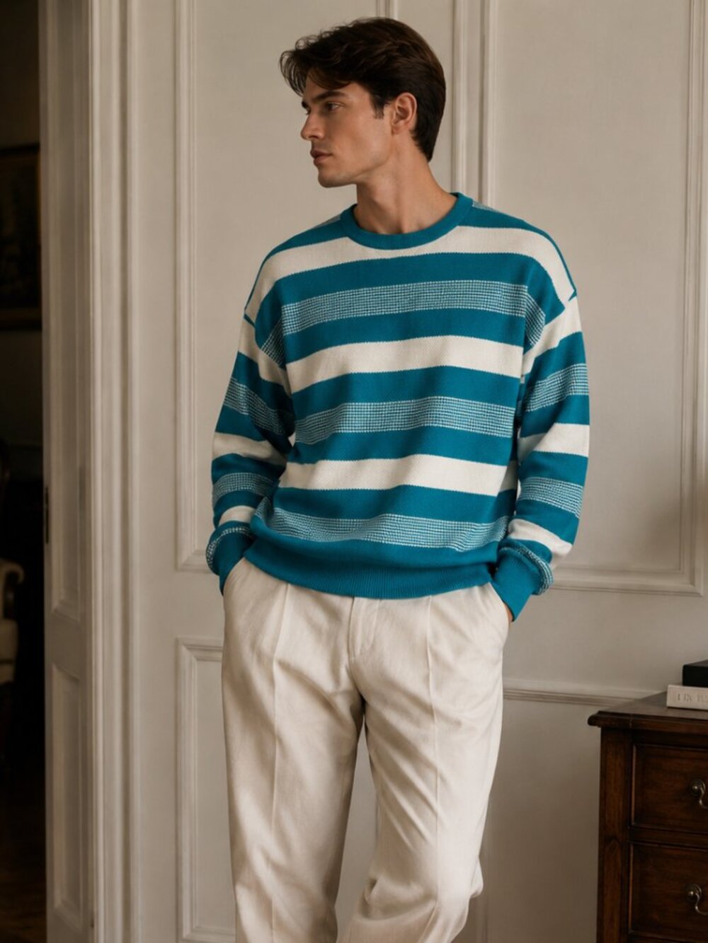 Vintage Ellesse Italy Striped Sweater Men’s L Blue White Cotton Acrylic 90s Knit